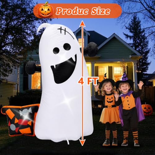 4FT Ghost Outdoor Halloween Inflatable Decoration - Spooky Ghost Blow Up with Stakes & Ropes