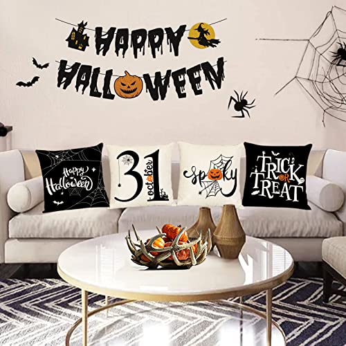 Halloween Pillow Covers 22x22 Set of 4 Black Spider Webs Bat Decor - Trick or Treat