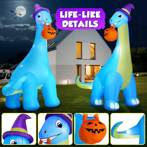 Giant Halloween Inflatable Dinosaur with LEDs, Pumpkin & Witch Hat - Outdoor Yard Decor