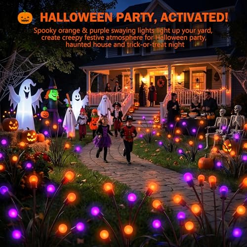 Halloween Firefly Solar Lights 2 Pack - Orange & Purple, Flickering LED Pathway Decor