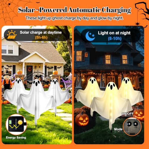 3-Pack Solar Ghost Lights Outdoor - 27.8 Inch Halloween Yard Decor, Light Up Ghost with 8 Modes & Adjustable Arms - Warm White Variation
