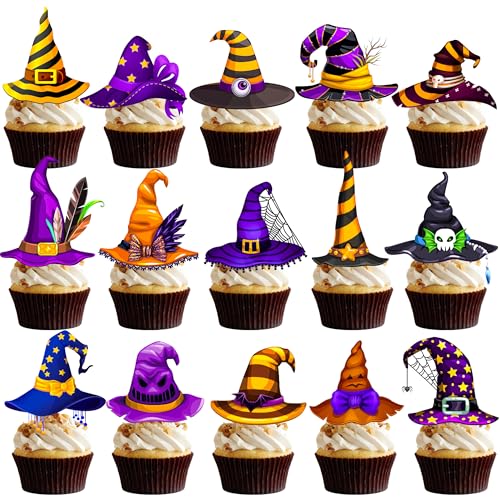 48Pcs Witch Hat Cupcake Toppers Halloween Party Decorations - Witch Hat Theme