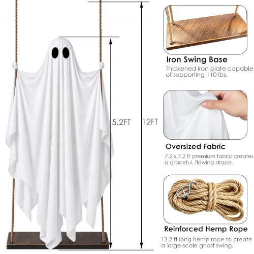 Large Hanging Ghost Halloween Decoration with LED Lights, Adjustable 7-12 FT