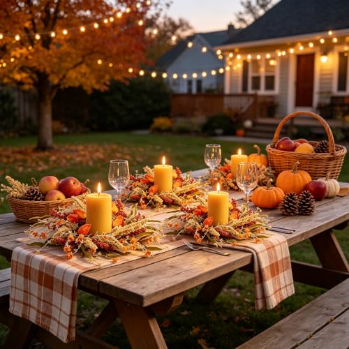 Fall Candle Ring Set - 12 Pcs 9 Inch Autumn Wreaths with Flowers for Decor - Fall Variation 12