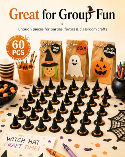 Mini Felt Witch Hats for Crafts - 60 Pack Black Halloween Decorations