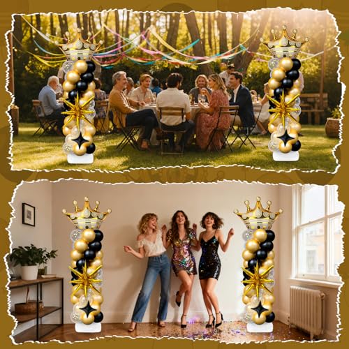Black and Gold Balloon Column Stand Kit with Foil & Latex Balloons for Party Decorations - Adjustable Floor Tower