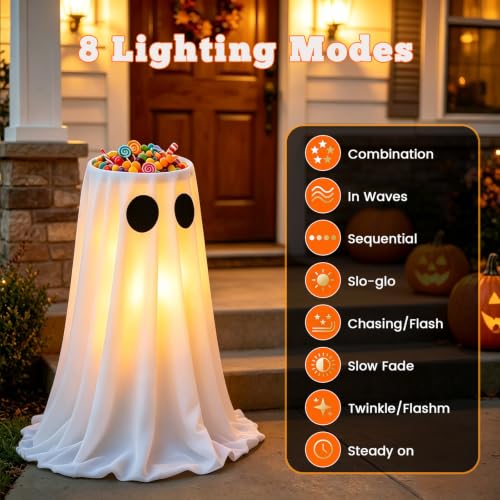 Halloween Ghost Candy Bowl with LED Lights & Remote - Outdoor Lighted Ghost Decor, 8 Modes, Timer, A-Ghost Variation