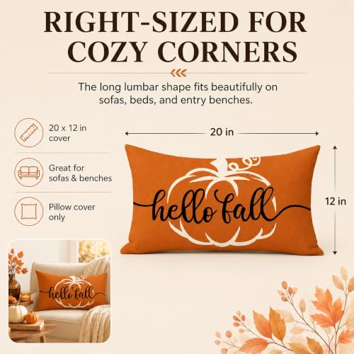 Hello Fall Pumpkin Rectangle Lumbar Throw Pillow Cover - 12x20 Orange