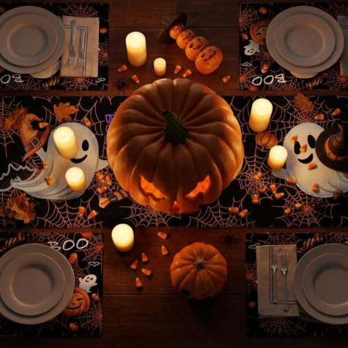 Halloween Table Runner Ghost Pumpkin Spider Web 13x72 Inches - Black & Orange