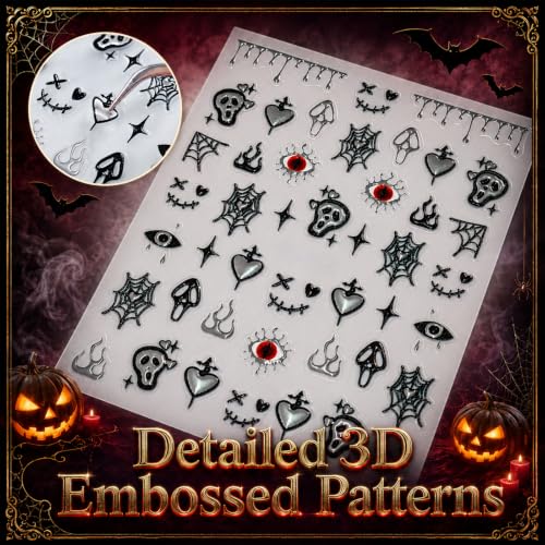 Halloween Nail Stickers - 6 Sheets Spooky Chrome Embossed Decals - Dark Ghost Variation