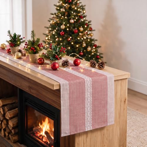 Red Braided Striped Rustic Chenille Table Runner 13x36 Inch Christmas Decor