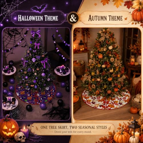Fall Halloween Reversible Tree Skirt - 36 Inch Seasonal Holiday Decor - Fall & Halloween Design