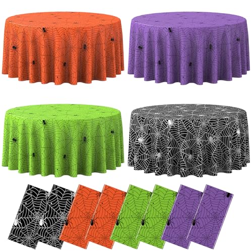 8 Pack Round Halloween Spiderweb Tablecloths - Multicolor Disposable Spooky Decor