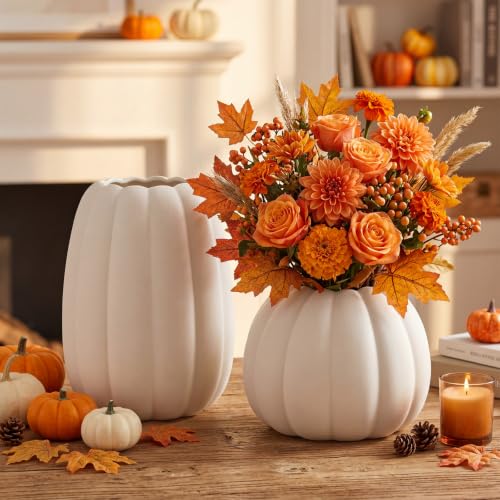 Fall Pumpkin Vase Set - Ceramic Autumn Table Decor for Thanksgiving & Halloween
