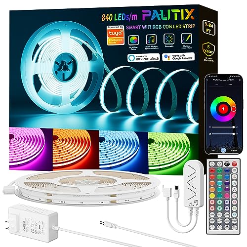 PAUTIX RGB COB LED Strip Light Kit 9.84ft/3m Color Changing Smart Tape - Alexa/Google Compatible