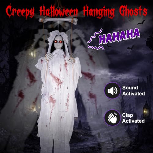 Halloween Swinging Ghost Girl Hanging Prop Indoor Outdoor Decorations with Sound & LED Eyes