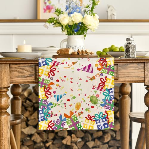 13x72 Inch Beaded Birthday Table Runner - Happy Birthday Home Decor, Beige Gift