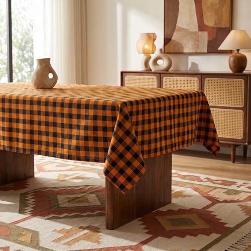 Waterproof Gingham Tablecloth - Black & Orange Checkered Fabric, 102" x 60" Rectangular for Indoor Outdoor Dining