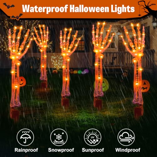 Solar Halloween Skeleton Hand Stakes - 5 Pack Purple & Orange LED Pathway Lights - Waterproof Outdoor Yard Decorations - Variation: Orange Skeleton Hands