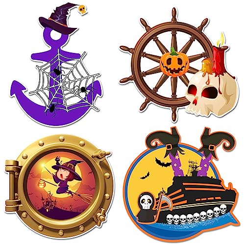 Halloween Cruise Door Magnets Set - Skeleton, Ghost, Witch Hat, Anchor, Ship & Hatch - 4 Pcs