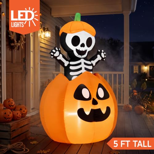 Halloween Inflatable Skeleton on Pumpkin with LEDs - Black & White Variation