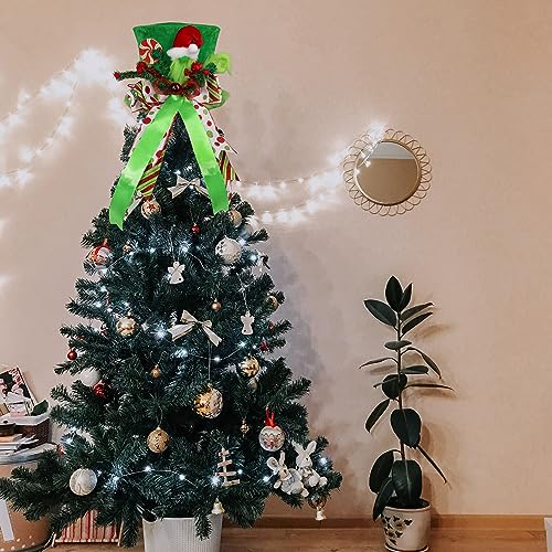 Large Green Velvet Christmas Tree Topper Hat with Lengthened Bowknot - Holiday Decor