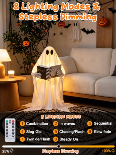 Standing Reading Ghost Halloween Decoration with Lights - 80cm Whimsical Ghost with Book & 8 Lighting Modes - Battery Operated, Weighted Base, Remote Control