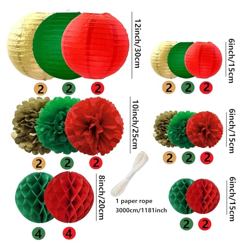 Christmas Decor Set with Paper Lanterns, Pompoms & Honeycombs – 36 Pieces