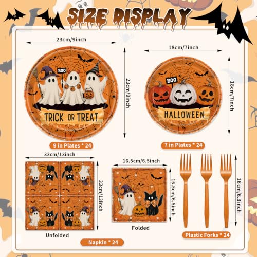 Halloween Ghost Pumpkin Disposable Plate Set - Trick or Treat Party Supplies, Serves 24 - Variation: Ghost Pumpkin