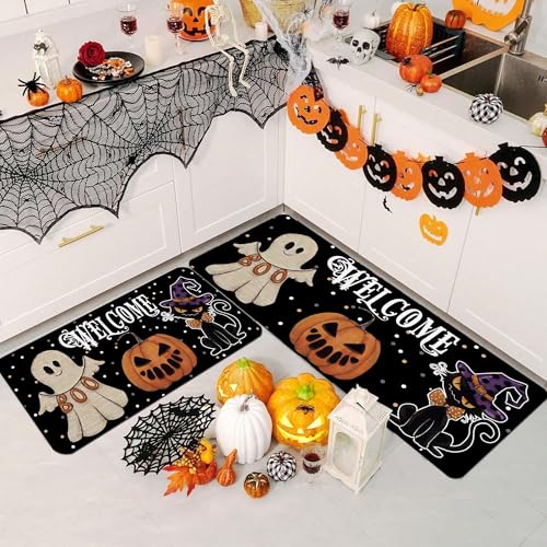 Halloween Kitchen Rugs Set with Non-Slip Mat and Mouse Pad - Ghost & Black Cat Design