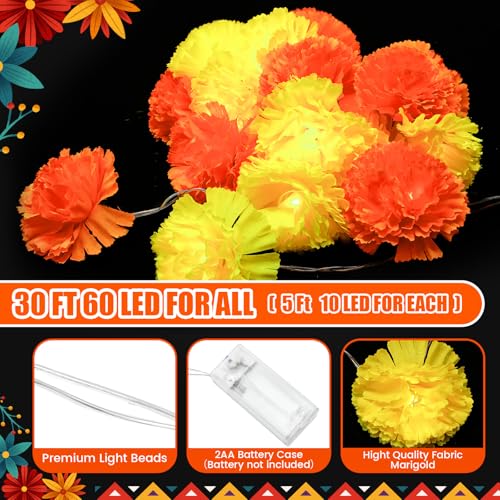 6 Pack Day of The Dead Marigold Garland with LED String Lights and Butterflies - Mexican Dia De Los Muertos Decor
