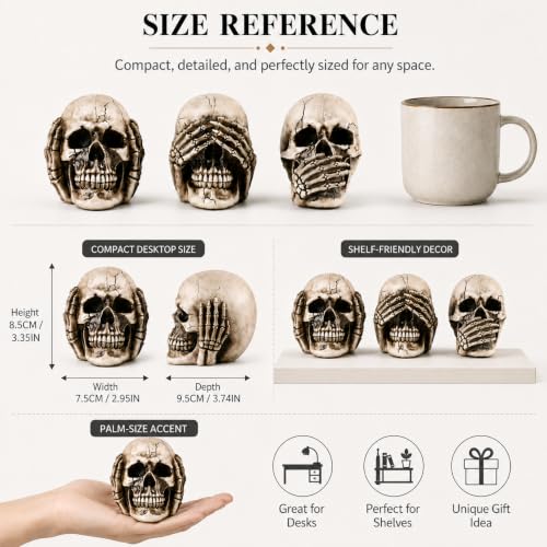 3-Piece Gothic Skull Statues Set - Hear See Speak No Evil Figurines