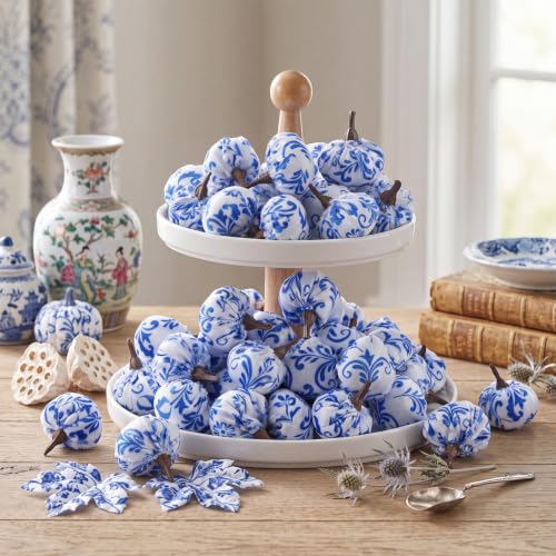 Blue and White Chinoiserie Mini Velvet Pumpkins - Fall Decor Set of 60 with Variation