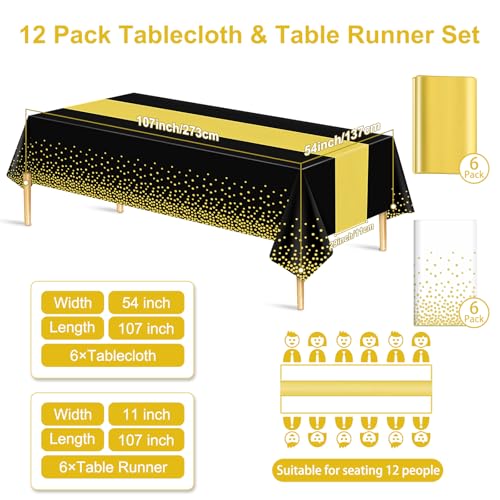 Black & Gold Tablecloth and Runners Set - 12 Pack Birthday Party Decor, 54x108 Inches