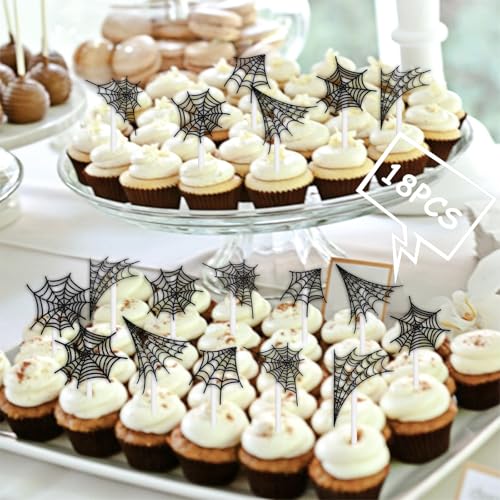 18pcs Black Glitter Halloween Cupcake Toppers for Spider Web Theme Party Decor