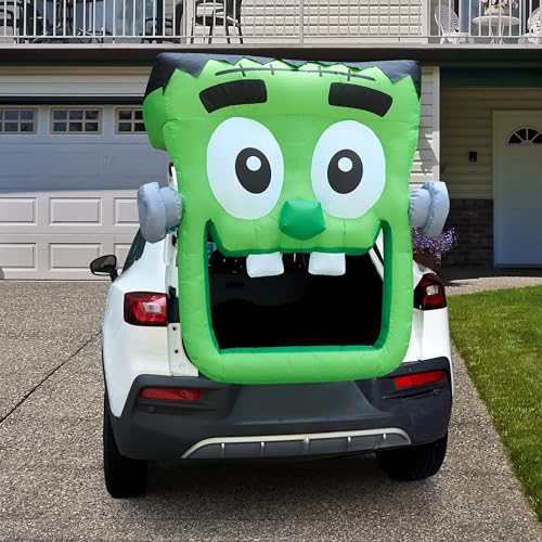 Inflatable Halloween Car Decoration with Built-in LEDs - Green Zombie Trick or Treat Yard Decor