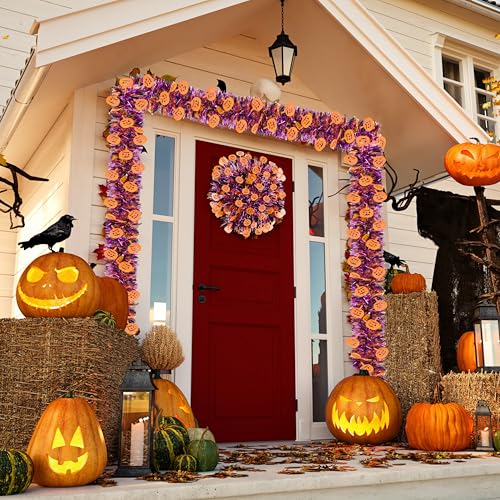 Halloween Tinsel Garland 66 Ft - Purple Black & Orange Glitter Streamers for Party & Home Decor