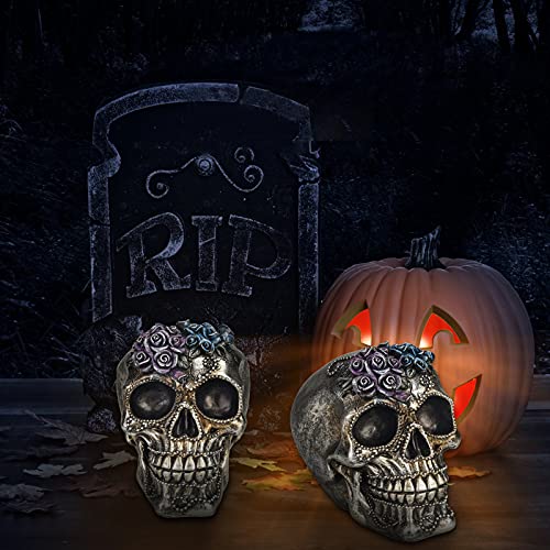 Small Silver Skull Statue with Roses & Beads - Halloween Day of The Dead Decor