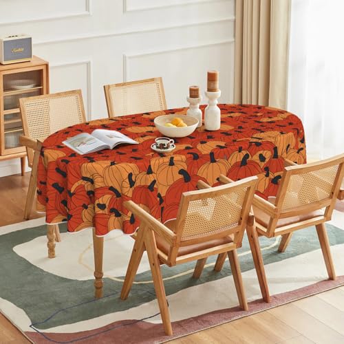 Fall Tablecloth 60 x 84 Inch Oval Black Cat Pumpkin Seasonal Orange
