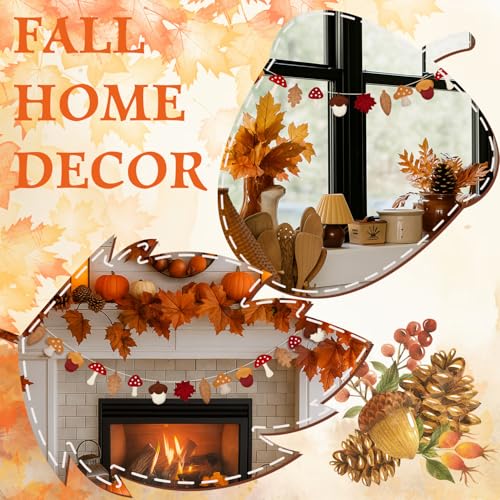Fall Mushroom Felt Garland - Autumn Home Decor for Thanksgiving & Halloween - 4.9ft
