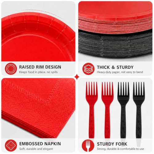 Red and Black Disposable Paper Dessert Plate & Napkin Set for Parties