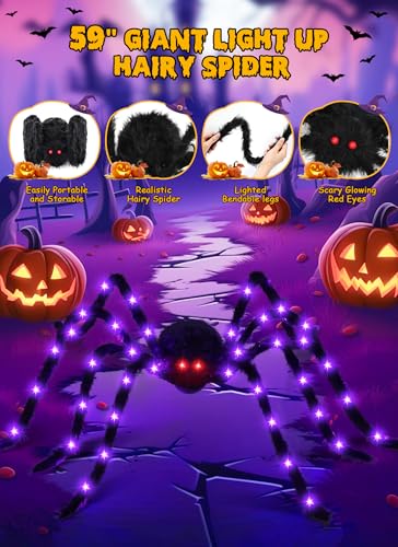 Black Halloween Spider Decorations 59 Inch Lighted Fake Spiders 2 Pack