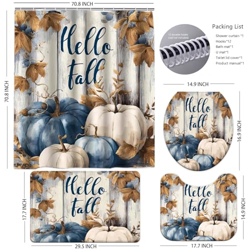 Blue Pumpkin Fall Shower Curtain Set with Bath Mats - Rustic Autumn Bathroom Decor