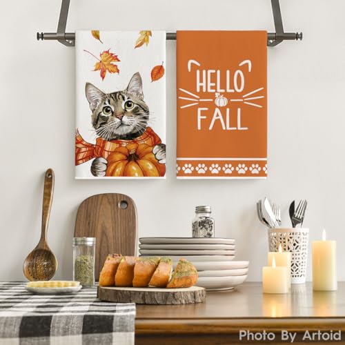 Cat Pumpkin Fall Kitchen Towels Set of 2 - 18x26 Inch, Absorbent & Stylish