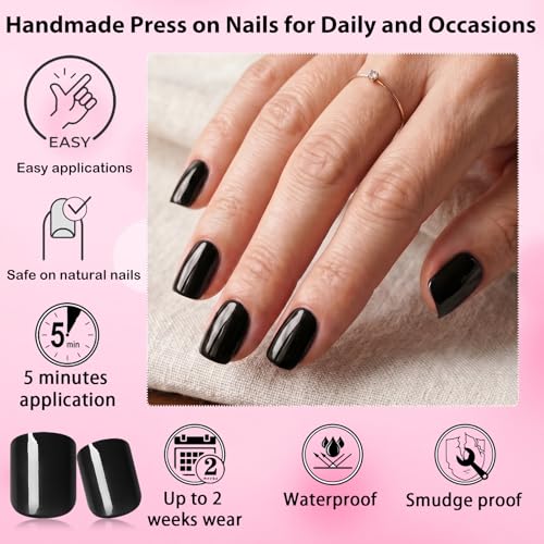 Black Extra Short Square Press On Nails with Glue Tabs - Timeless & Glossy