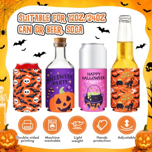 Halloween Can Cooler Sleeves Set - 24 Spooky Insulated Drink Insulators with 12 Patterns