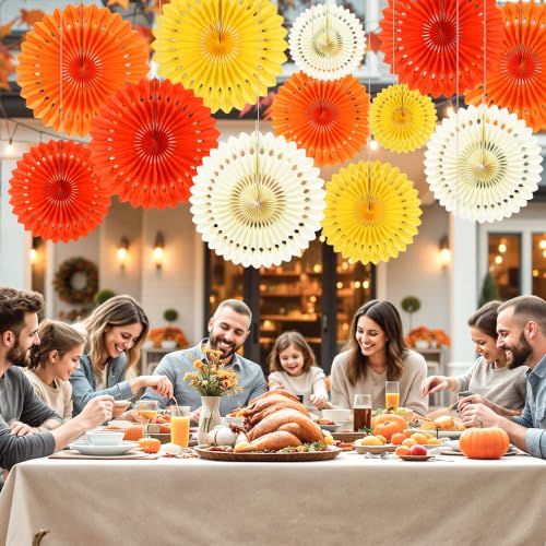 Orange & Yellow Paper Fans Fall Party Decorations - 12PCS Tissue Paper Fans for Girl Birthday Baby Shower Wedding Halloween Thanksgiving Autumn Room Wall Hanging