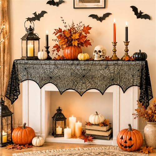 Halloween Fireplace Mantel Scarf - Black Lace Spiderweb Decor 18x96 Inches