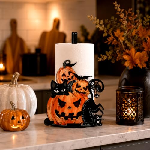 Halloween Paper Towel Holder with Black Cat & Pumpkin Design - 12 Inch Fall Decor