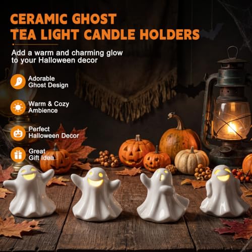 4 Pack Light Up Ceramic Ghost Halloween Decorations - Festive & Modern Decor